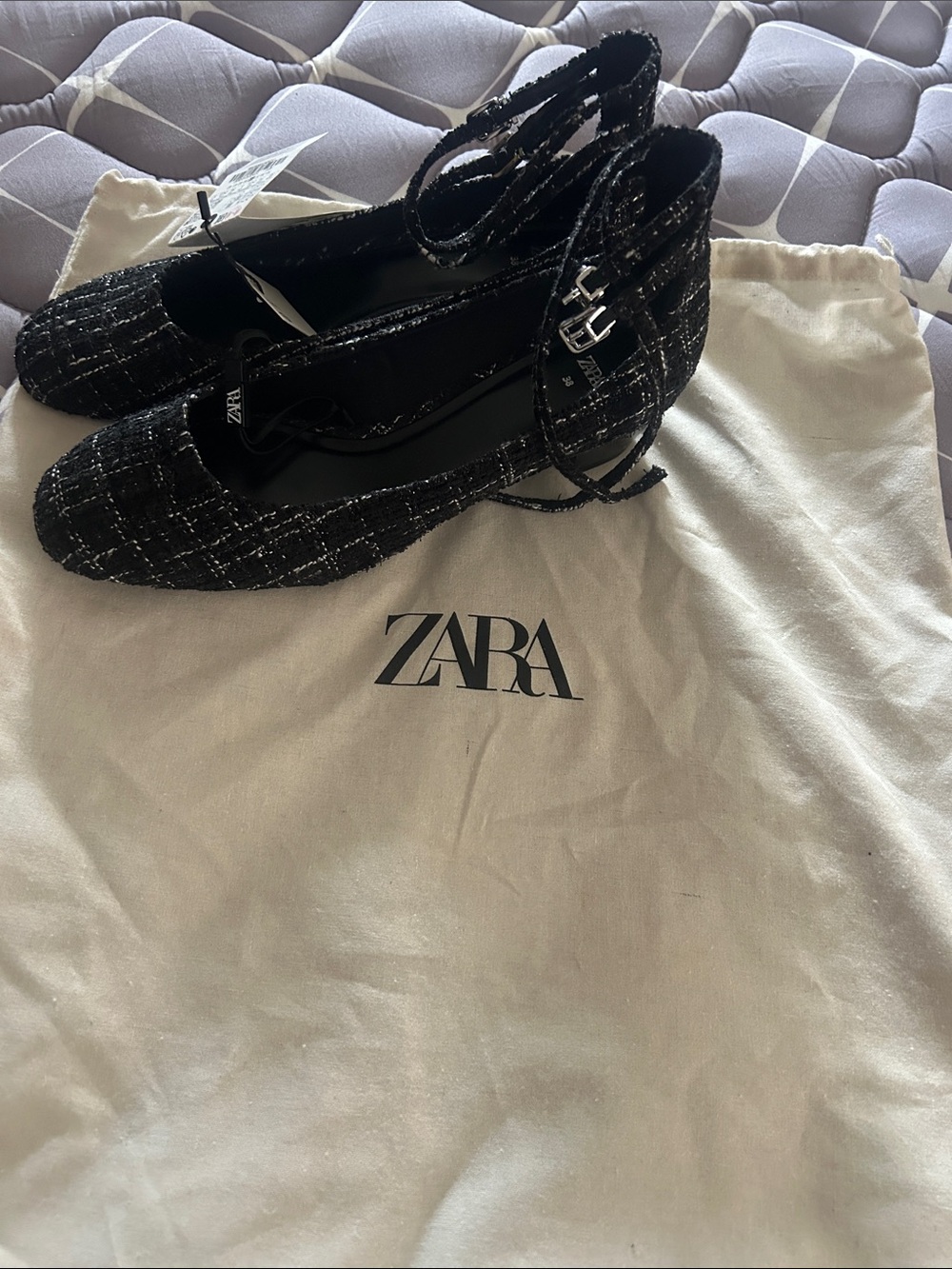 Zara Black Tweed Lace-Up Heeled Ballet Flats with Metallic Thread
